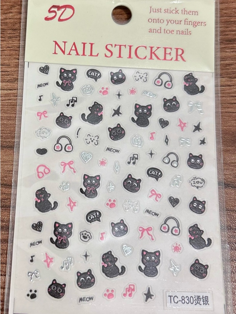 Nail Sticker Cat-Themed Waterproof Nail Decals - Pink & Silver